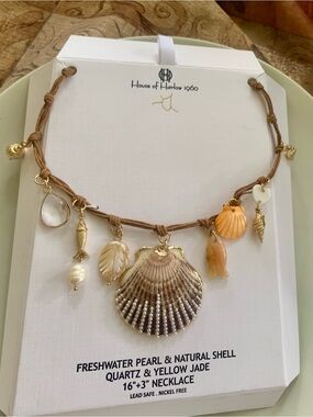 House of Harlow 1960 Brown Cord Shell & Pearl Charm Necklace with Gold Accents